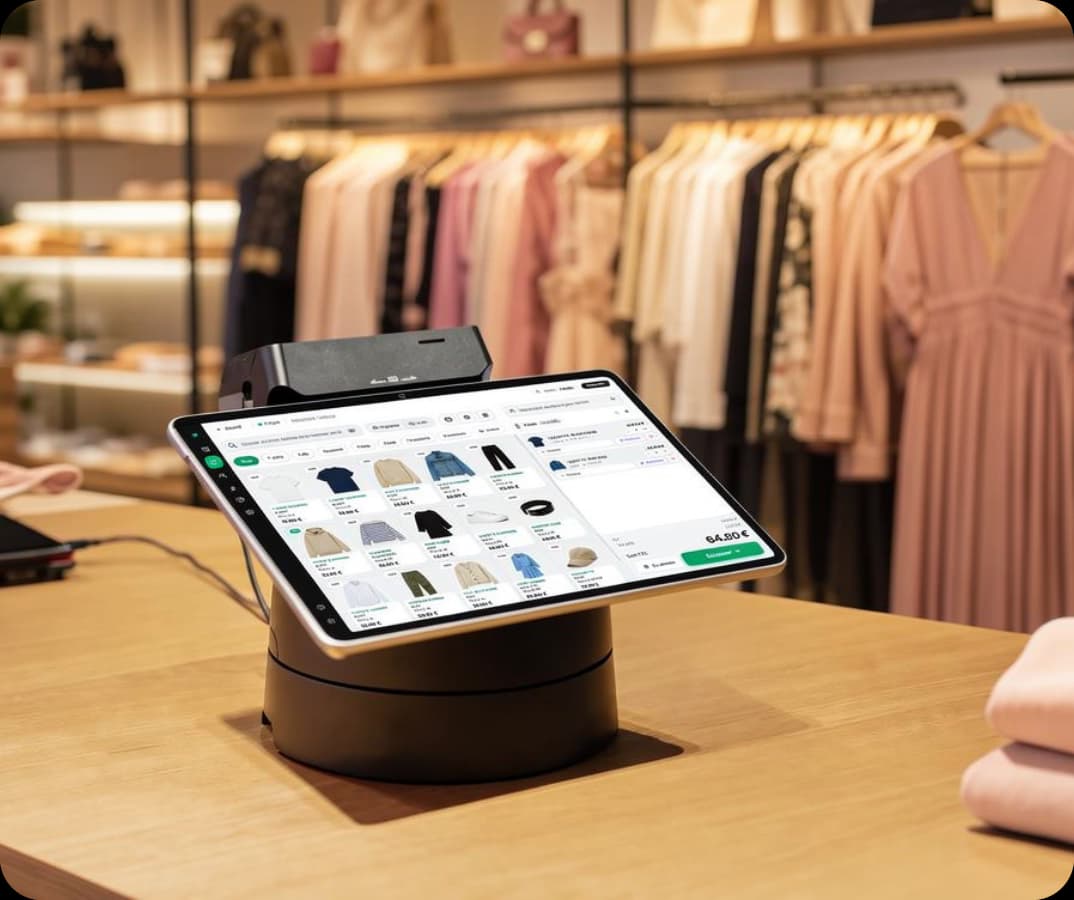 Tablette de caisse Sliderz tout-en-un sur le comptoir d'une boutique de prêt-à-porter
