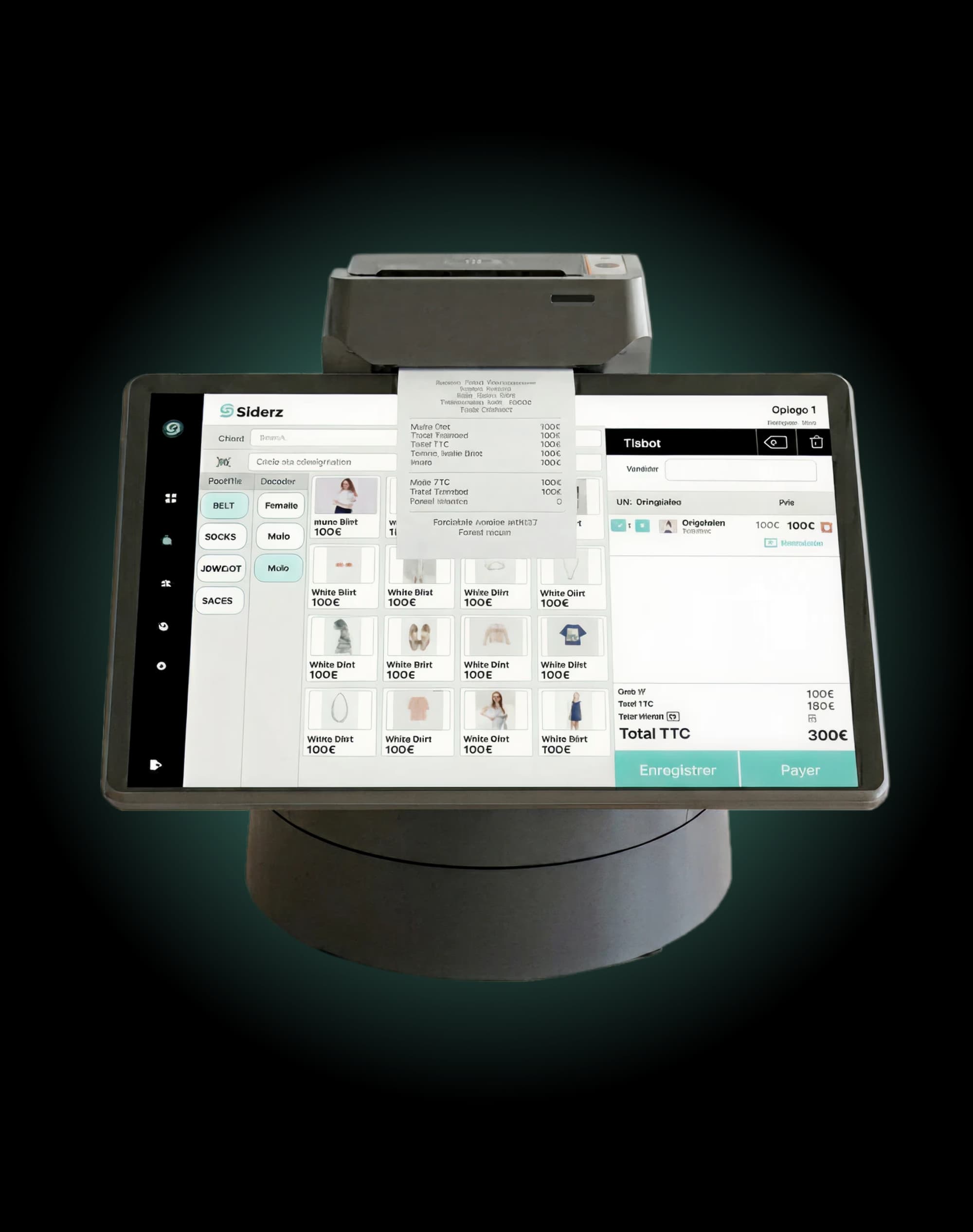 Tablette tout-en-un Sliderz sur socle imprimant un ticket de caisse