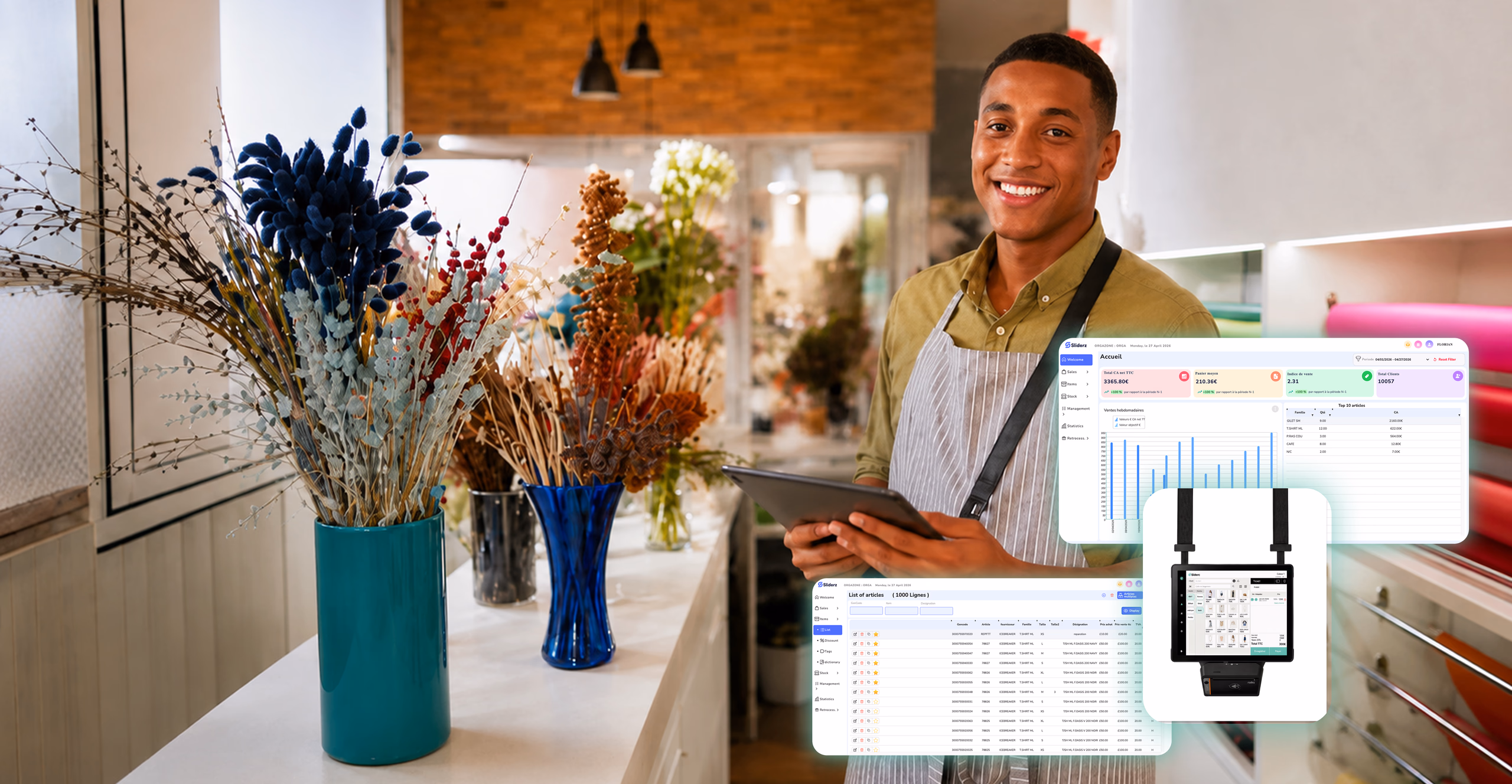 Fleuriste utilisant Sliderz, logiciel de caisse tout-en-un sur tablette certifié NF525