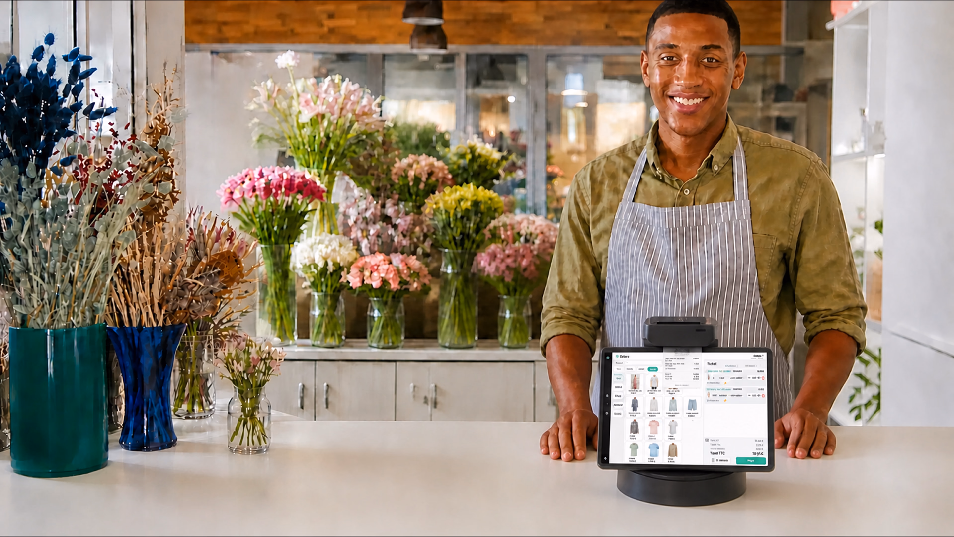Fleuriste utilisant Sliderz, logiciel de caisse tout-en-un sur tablette certifié NF525