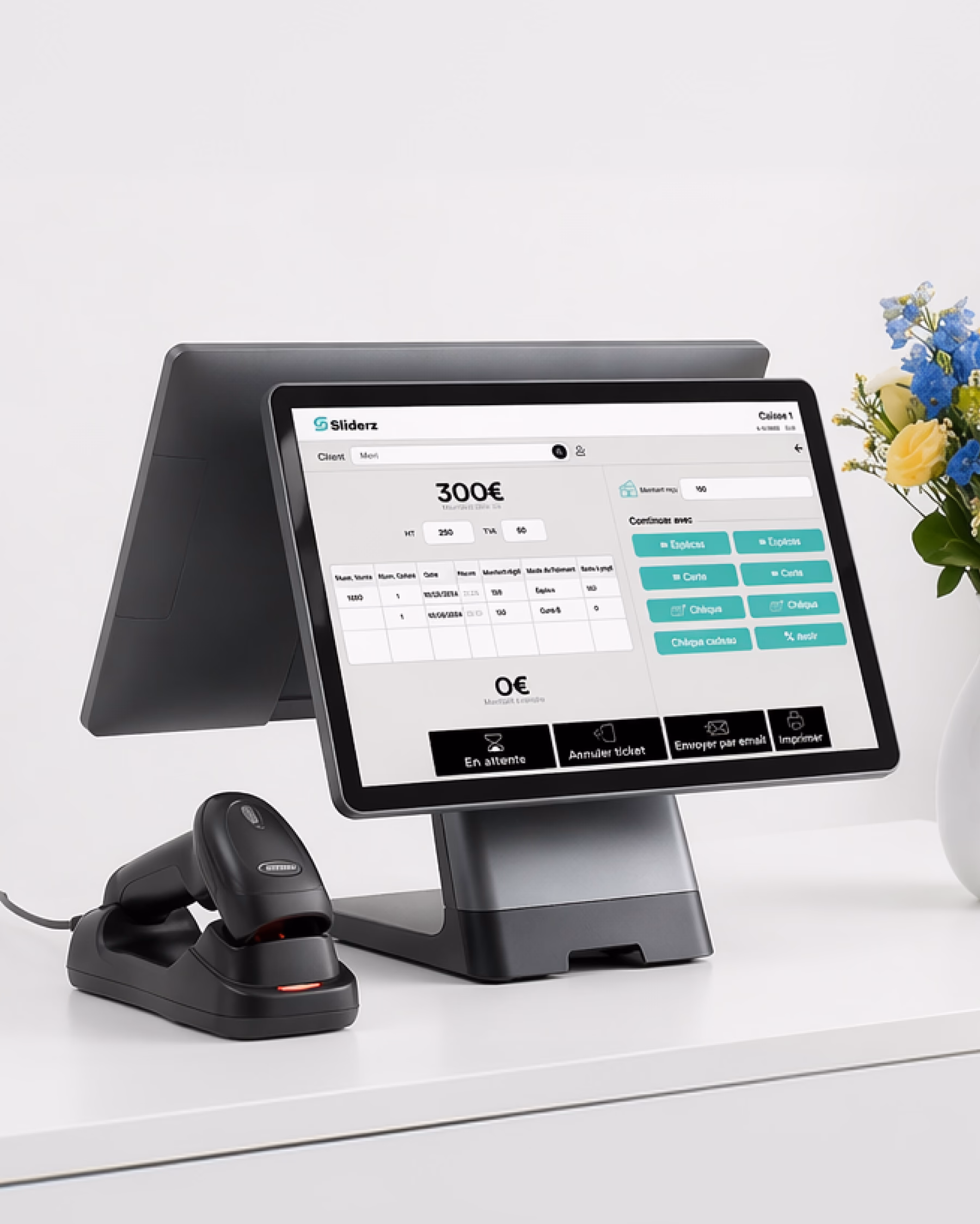 Caisse Sliderz à double écran avec scanner code-barres sur un comptoir de boutique